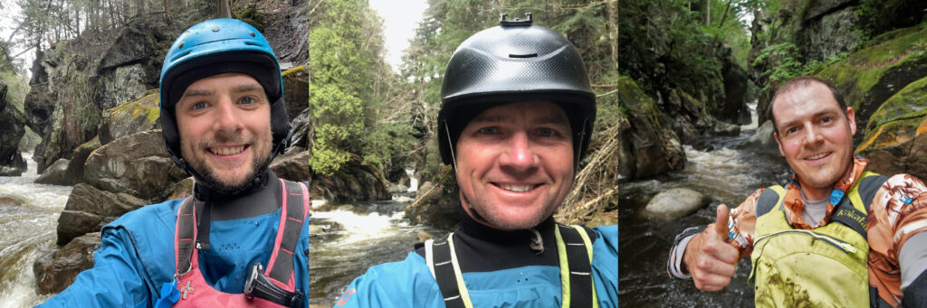 Jordan Vickers Mike McDonnell and Scott Gilbert selfies in the Middlebury Gorge in kayaking gear
